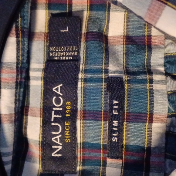 NAUTICA MENS SHORT SLEEVE SHIRT, LARGE, SLIM FIT. GREEN PLAID SEE PIC. - Picture 5 of 7